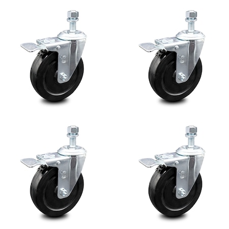 5 Inch Hard Rubber Swivel ½ Inch Threaded Stem Caster Set With Total Lock Brake